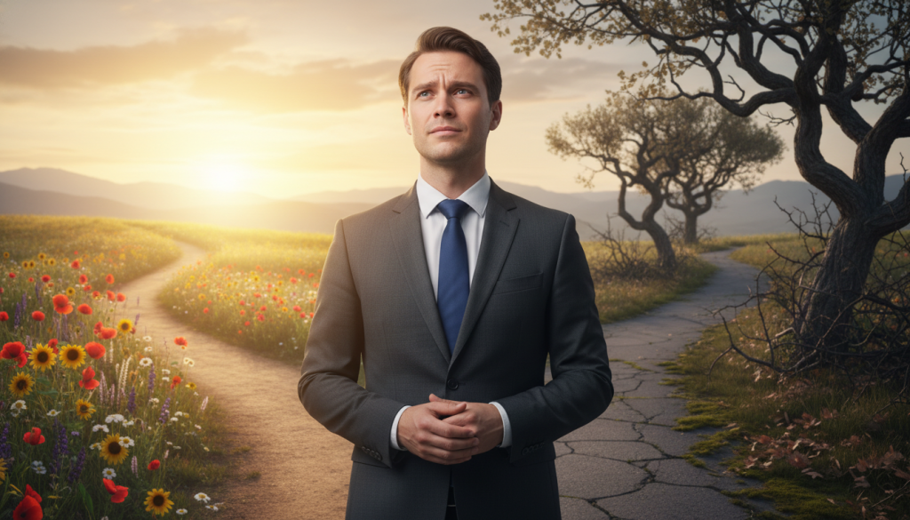 A serene and inspiring scene depicting a person standing at a crossroads, symbolizing choice and personal growth. The foreground features a thoughtful individual dressed in professional business attire, gazing contemplatively towards two diverging paths. The middle ground showcases vibrant nature, with one path lined by blooming flowers representing positivity and self-improvement, while the other is darker and overgrown, symbolizing jealousy and stagnation. In the background, a soft sunset casts warm golden light, creating an atmosphere of hope and transformation. The scene captures a moment of reflection, with a shallow depth of field focusing on the individual's expression, conveying both the struggle with jealousy and the potential for growth. The overall mood should be uplifting and motivational, encouraging personal evolution. A serene and inspiring scene depicting a person standing at a crossroads, symbolizing choice and personal growth. The foreground features a thoughtful individual dressed in professional business attire, gazing contemplatively towards two diverging paths. The middle ground showcases vibrant nature, with one path lined by blooming flowers representing positivity and self-improvement, while the other is darker and overgrown, symbolizing jealousy and stagnation. In the background, a soft sunset casts warm golden light, creating an atmosphere of hope and transformation. The scene captures a moment of reflection, with a shallow depth of field focusing on the individual's expression, conveying both the struggle with jealousy and the potential for growth. The overall mood should be uplifting and motivational, encouraging personal evolution.
