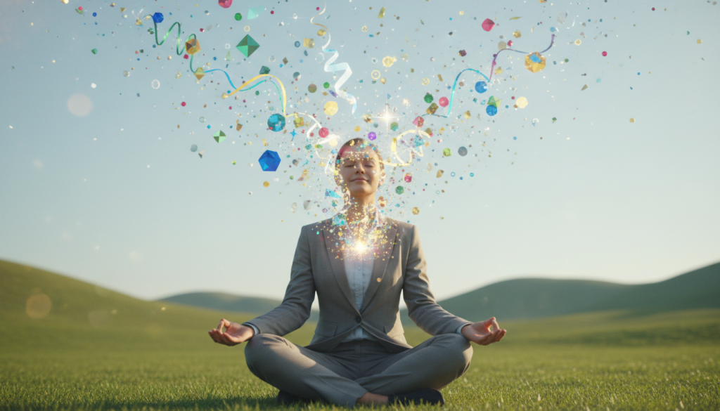 A serene and inspiring scene depicting the essence of creative visualization. In the foreground, a focused individual sitting in a meditative pose, dressed in professional business attire, radiates calm energy. The middle ground features a vibrant burst of colorful visual elements like luminous geometric shapes, floating orbs, and glowing light trails symbolizing new opportunities and ideas. The background is a soft, ethereal landscape with abstract representations of nature, such as rolling green hills under a clear blue sky, infused with gentle sunlight. The atmosphere is uplifting and tranquil, evoking a sense of possibility and abundance. The lighting is warm and soft, casting a golden hue over the entire image, with a slight depth of field effect to highlight the subject in the foreground.