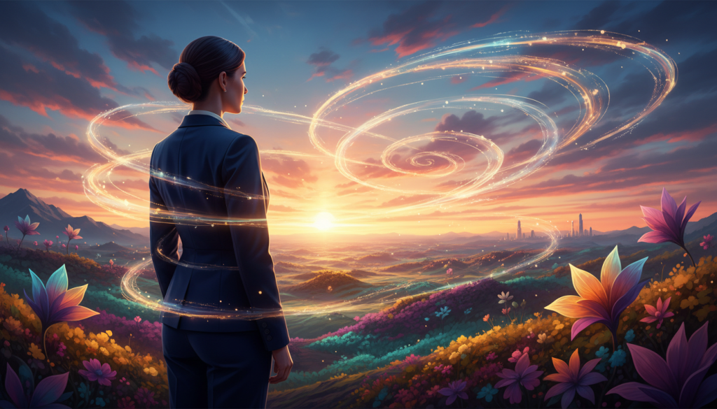 A serene and inspiring scene depicting "the power of thought" as a woman in professional business attire stands at the forefront, gazing thoughtfully towards the horizon. Surround her with ethereal, swirling patterns of light and energy that represent her thoughts manifesting reality. In the middle ground, depict a lush landscape filled with vibrant colors, symbolizing creativity and potential. The background features a tranquil sky at sunset, transitioning from warm hues of orange and pink to cool blues, evoking a sense of calm and contemplation. Soft, golden light bathes the scene, highlighting the woman's focused expression and creating an atmosphere of empowerment and introspection. Use a wide-angle lens to capture the expansive feeling of this transformational moment.