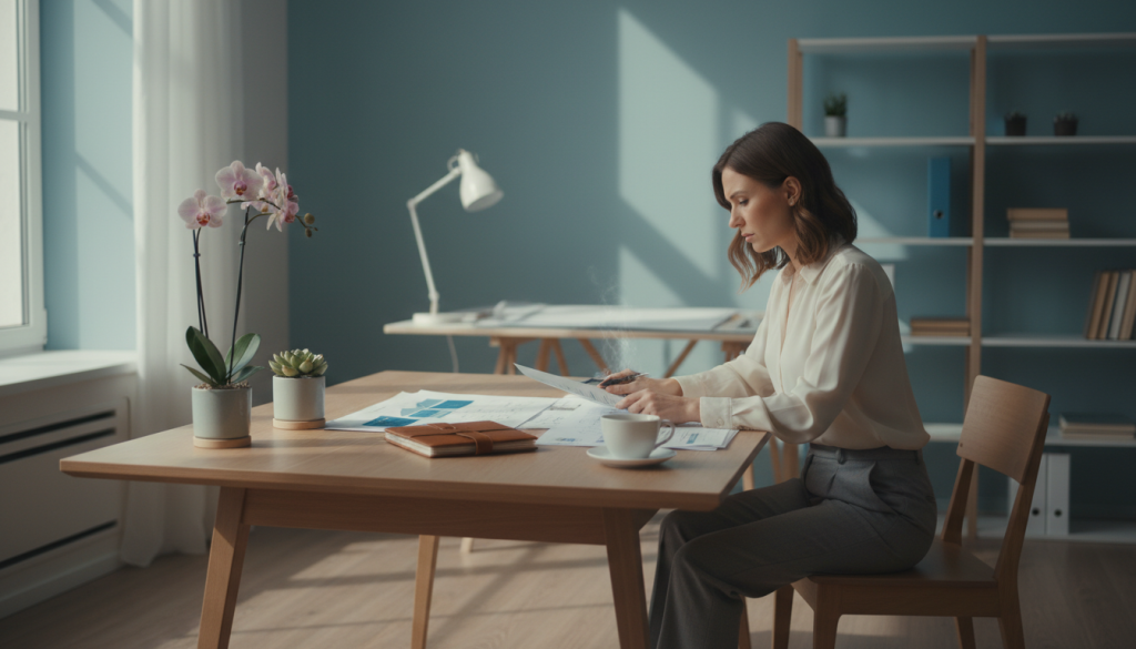 A serene and inspiring scene showcasing the "desire for utility," symbolizing the emotional need of Virgo. In the foreground, an organized workspace with elegant wooden furniture, featuring a neatly arranged desk with a planner, delicate plants, and a warm cup of tea, radiating a sense of purpose and productivity. In the middle ground, a focused individual dressed in professional attire, deep in thought, analyzing a project with documents spread out around them, conveying dedication and a drive to be useful. The background fades into a softly lit room with light coming through a large window, casting gentle shadows, creating a tranquil and contemplative atmosphere. The overall mood is one of calm determination and utility, reflecting Virgo's essence.