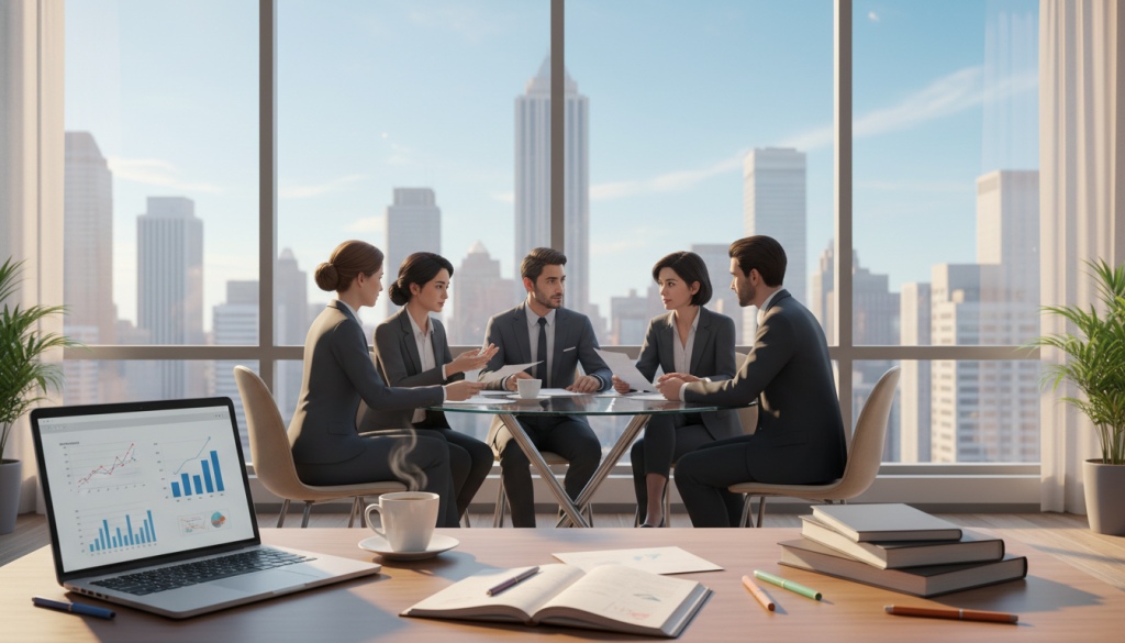 A serene and inspiring workspace depicting "areas of opportunity" for personal growth. In the foreground, a modern desk with a laptop, notebooks, and a coffee cup, symbolizing productivity and creativity. The middle ground features a diverse group of professionals in business attire, engaged in thoughtful discussion, showcasing collaboration and the exchange of ideas. In the background, a large window with natural light flooding in, revealing a city skyline that represents ambition and potential. Soft, warm lighting creates an inviting atmosphere, enhancing the feeling of motivation and hope. The overall mood is uplifting and empowering, inviting viewers to reflect on their own paths to growth and success.