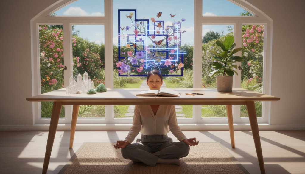 A serene and inspiring workspace overlooking a lush garden under soft, golden morning light. In the foreground, a confident individual in professional business attire meditates at a minimalist desk, surrounded by symbols of prosperity like crystals, green plants, and an open journal filled with creative sketches. In the middle, vibrant energy flows through a visual representation of transforming ideas into tangible results, with graph-like patterns morphing into blooming flowers and butterflies. The background features a large window framing a bright blue sky, enhancing the mood of optimism and growth. The atmosphere is tranquil yet charged with the potential for new beginnings, symbolizing the successful manifestation of goals. The image should be composed using a wide-angle lens to capture the harmonious blend of elements, creating an inviting and motivational scene.