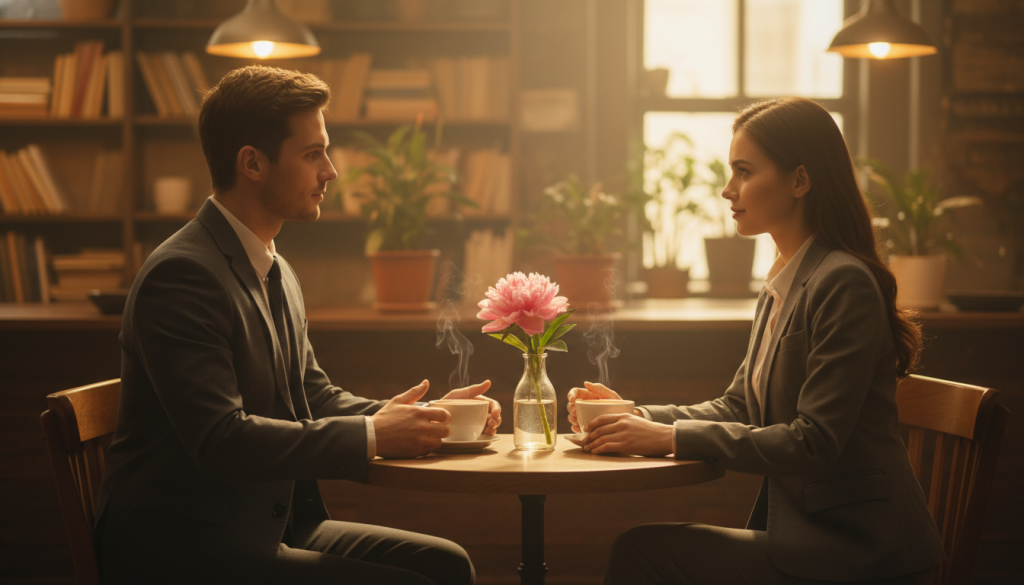 A serene and intimate scene depicting two individuals seated together in a cozy, warmly lit café, embodying trust and commitment in their relationship. The couple, dressed in professional business attire, share a knowing look, their body language open and welcoming. In the foreground, a small, round table holds two steaming cups of coffee and a single blooming flower in a vase, symbolizing growth and affection. The background features soft, blurred café elements, such as bookshelves and gentle lighting, enhancing the atmosphere of connection. The warm glow creates a comforting mood, inviting viewers to feel the depth of confidence and love shared between the couple, highlighting the essence of trust in a partnership.