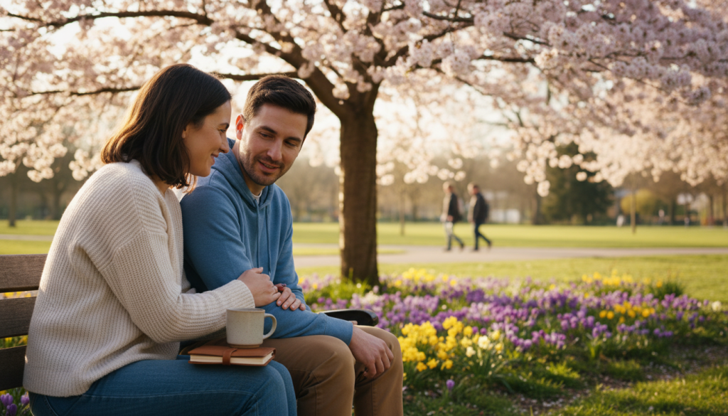A serene and intimate scene illustrating personal connections, with two people sitting on a park bench, engaged in deep conversation. In the foreground, they are dressed in modest casual clothing, showcasing warmth and empathy. The middle layer features blossoming trees and vibrant flowers, symbolizing growth and nurturing relationships. The background includes a softly blurred sunny park setting, with gentle light filtering through the leaves, creating a tranquil atmosphere. The angle captures the individuals from a slight side view, emphasizing their expressions of understanding and support. The overall mood is reflective and uplifting, evoking a sense of healing and connection amidst nature's beauty.