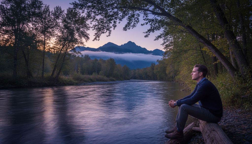 A serene and introspective scene capturing the theme of emotional depth, featuring a lone figure sitting on a riverbank at twilight. The foreground shows a thoughtful individual, dressed in smart-casual attire, gazing contemplatively at the gently flowing water reflecting soft hues of purple and blue. In the middle ground, lush trees create a sense of enclosure, their leaves softly illuminated by the last light of the day. The background reveals distant mountains shrouded in mist, adding a layer of mystery. The composition is framed with soft, diffused lighting that enhances the tranquil mood, evoking a sense of longing and depth. Capture the scene using a wide-angle lens to emphasize the vast yet intimate atmosphere.