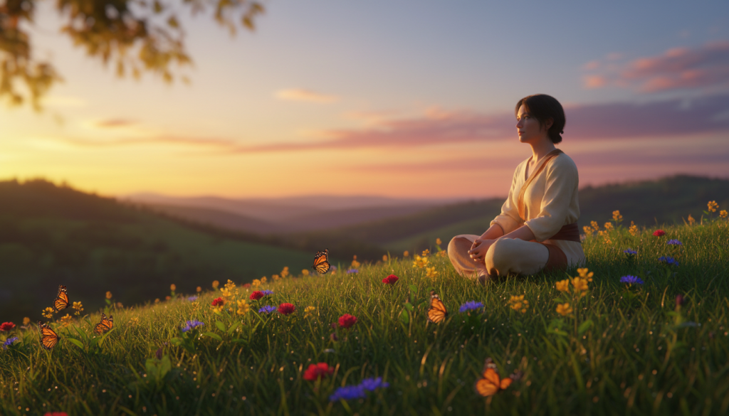 A serene and introspective scene depicting a person sitting cross-legged on a lush green hilltop, gazing thoughtfully into the distance with a contemplative expression. The foreground features soft, dappled sunlight filtering through leaves, casting gentle shadows. In the middle area, wildflowers bloom vibrantly, harmonizing with the lush grass, while butterflies flit around, symbolizing transformation. In the background, a tranquil landscape unfolds, with rolling hills and a calm sky transitioning from warm sunset hues to deeper twilight shades. The overall mood is one of calm introspection, inviting a deep connection to one’s inner emotions and healing journey. Use a warm color palette to emphasize tranquility, with soft focus lenses to enhance the intimate and peaceful atmosphere.