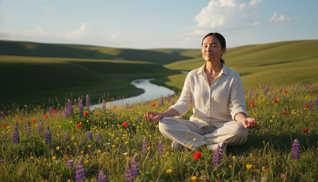 A serene and introspective scene depicting "self-presence." In the foreground, a person of mixed descent in modest casual clothing sits cross-legged on a soft, grassy hill, eyes closed and a gentle smile on their face, radiating calm and inner strength. In the middle ground, a peaceful landscape unfolds with flourishing wildflowers and a small, tranquil stream reflecting the warm sunlight. The background features softly rolling hills under a clear blue sky, dotted with fluffy white clouds. The soft golden light of late afternoon bathes the scene, creating a warm, inviting ambiance. The overall mood is one of tranquility, self-discovery, and harmony with nature, emphasizing the importance of strengthening one’s bond with oneself. The camera angle is slightly elevated, providing a sweeping view of the entire peaceful setting.