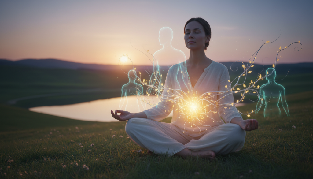 A serene and introspective scene depicting the concept of "memoria corporal," portraying a person in a peaceful meditative pose, dressed in comfortable, modest attire. In the foreground, the individual sits cross-legged, eyes closed, surrounded by soft, glowing light emanating from their body, symbolizing warmth and healing energy. The middle ground features subtle outlines of abstract human figures intertwined with delicate vines and roots, representing the connection between emotion and the physical body. In the background, a tranquil landscape with gentle hills and a sunset sky enhances the mood of healing and reflection. The lighting is soft and ethereal, casting a calming ambiance. Shot at a gentle angle to invite the viewer into this serene moment of deep emotional healing and exploration. A serene and introspective scene depicting the concept of "memoria corporal," portraying a person in a peaceful meditative pose, dressed in comfortable, modest attire. In the foreground, the individual sits cross-legged, eyes closed, surrounded by soft, glowing light emanating from their body, symbolizing warmth and healing energy. The middle ground features subtle outlines of abstract human figures intertwined with delicate vines and roots, representing the connection between emotion and the physical body. In the background, a tranquil landscape with gentle hills and a sunset sky enhances the mood of healing and reflection. The lighting is soft and ethereal, casting a calming ambiance. Shot at a gentle angle to invite the viewer into this serene moment of deep emotional healing and exploration.