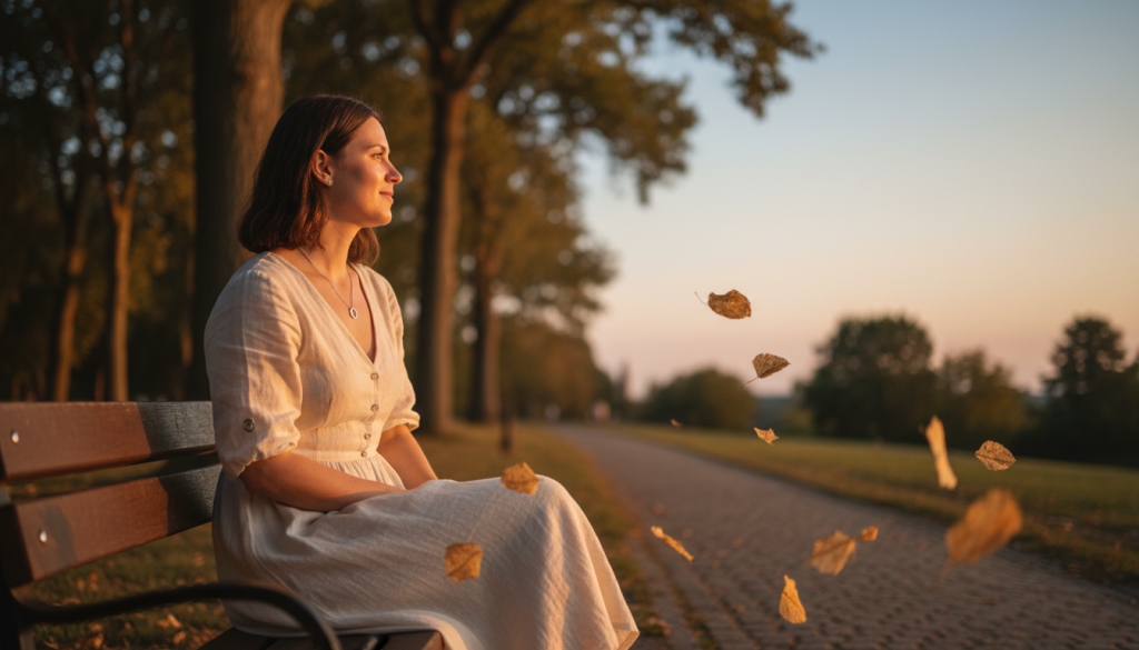 A serene and introspective scene depicting the emotional aftermath of a breakup, centered around a Virgo woman in her late twenties. She sits on a park bench under a softly lit sunset, her expression contemplative and thoughtful as she stares into the distance. In the foreground, a few wispy leaves dance in the breeze, symbolizing change. The woman wears a simple yet elegant light-colored dress and a delicate silver necklace, reflecting her earthy, analytical nature. The middle ground features a calm park setting with blurred trees, creating an atmosphere of solitude and reflection. In the background, a soft gradient sky transitioning from warm oranges to cool blues, enhancing the mood of healing and self-discovery. The image has a gentle focus, emphasizing the woman's emotional journey while remaining aesthetically pleasing.