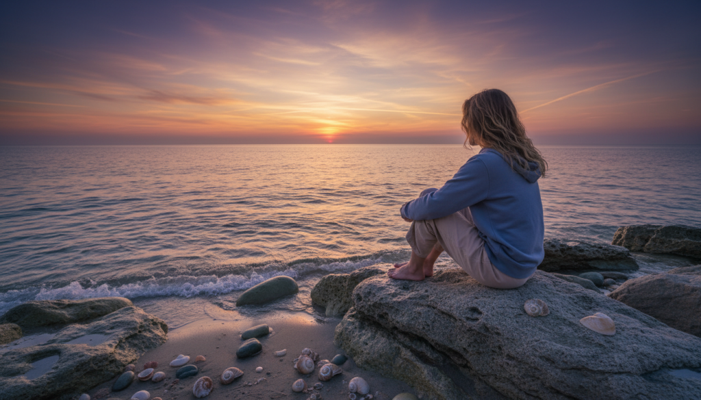 A serene and introspective scene depicting the emotional struggle and deep healing process of a Pisces individual. In the foreground, a figure dressed in modest, casual clothing sits on a rocky shore, gazing pensively at the calm ocean waves reflecting the soft, warm colors of a sunset. The middle ground features gentle waves lapping at the rocks, while an array of seashells and smooth stones lies scattered at their feet. The background reveals a colorful sky transitioning from gold to deep purple, with wispy clouds drifting overhead. The atmosphere feels contemplative yet hopeful, illuminated by the fading light. The lens captures this moment from a slightly elevated angle, creating depth and emphasizing the connection between the figure and the natural world around them, suggesting the healing journey within the calm of the sea. A serene and introspective scene depicting the emotional struggle and deep healing process of a Pisces individual. In the foreground, a figure dressed in modest, casual clothing sits on a rocky shore, gazing pensively at the calm ocean waves reflecting the soft, warm colors of a sunset. The middle ground features gentle waves lapping at the rocks, while an array of seashells and smooth stones lies scattered at their feet. The background reveals a colorful sky transitioning from gold to deep purple, with wispy clouds drifting overhead. The atmosphere feels contemplative yet hopeful, illuminated by the fading light. The lens captures this moment from a slightly elevated angle, creating depth and emphasizing the connection between the figure and the natural world around them, suggesting the healing journey within the calm of the sea.