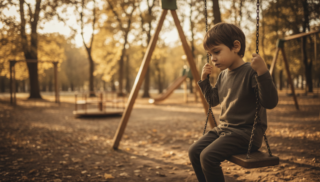 A serene and introspective scene depicting the origins of relational trauma in childhood. In the foreground, a contemplative child sits on a swing in a quiet park, their expression reflecting deep thought and vulnerability. The middle ground features an empty playground with subtle shadows, symbolizing the absence of supportive relationships. The background is filled with soft-focus trees bathed in golden sunlight, creating a warm yet melancholic atmosphere. The scene is captured from a low angle to emphasize the child's perspective, with gentle lighting to evoke a sense of nostalgia and emotional depth. The overall mood is reflective, inviting viewers to connect with the theme of childhood experiences shaping adult relationships. A serene and introspective scene depicting the origins of relational trauma in childhood. In the foreground, a contemplative child sits on a swing in a quiet park, their expression reflecting deep thought and vulnerability. The middle ground features an empty playground with subtle shadows, symbolizing the absence of supportive relationships. The background is filled with soft-focus trees bathed in golden sunlight, creating a warm yet melancholic atmosphere. The scene is captured from a low angle to emphasize the child's perspective, with gentle lighting to evoke a sense of nostalgia and emotional depth. The overall mood is reflective, inviting viewers to connect with the theme of childhood experiences shaping adult relationships.