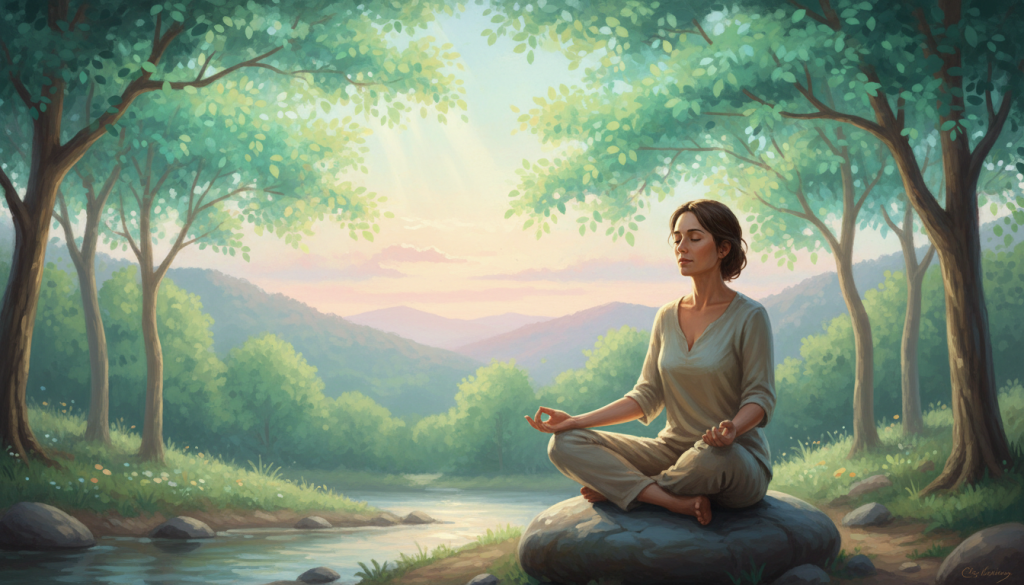 A serene and introspective scene illustrating "connection with the Self." In the foreground, a figure in modest casual clothing sits cross-legged on a smooth stone, meditating peacefully. Their serene expression reflects inner tranquility. In the middle ground, soft light filters through ethereal trees, their leaves shimmering in various shades of green, creating a harmonious atmosphere. Subtle beams of sunlight illuminate the figure, enhancing a sense of warmth and connection. In the background, rolling hills stretch toward a gentle horizon under a tranquil sky, filled with soft pastel colors of dawn or dusk. The overall mood is peaceful and reflective, inviting the viewer to contemplate the importance of self-connection. The composition emphasizes balance and serenity, with a shallow depth of field focusing on the figure while allowing the surroundings to softly blur.