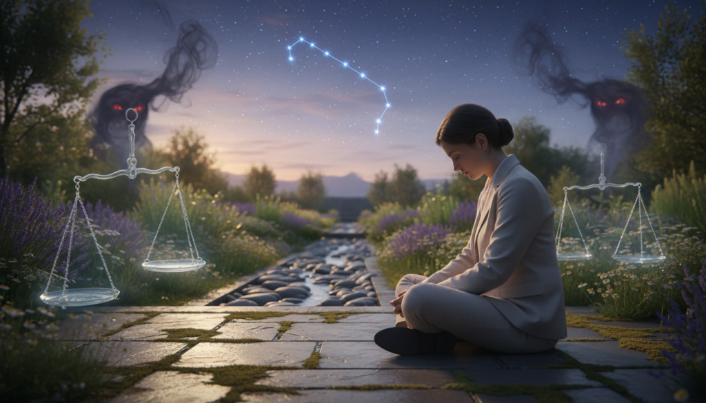 A serene and introspective scene illustrating "miedo signos salud," emphasizing emotional trauma and healing related to Virgo. In the foreground, a contemplative individual in professional attire sits cross-legged on the ground, surrounded by ethereal symbols of health and fear, like fragile scales and lurking shadows. In the middle ground, soft, glowing light radiates from a serene garden filled with calming plants and gentle streams, symbolizing healing. In the background, the soft outline of the Virgo constellation twinkles in a twilight sky, with hints of stars casting a mystical aura. The overall mood is reflective and soothing, captured using a wide-angle lens to encompass the tranquility of the scene, with warm, diffused lighting to evoke a sense of peace and emotional resolution. A serene and introspective scene illustrating "miedo signos salud," emphasizing emotional trauma and healing related to Virgo. In the foreground, a contemplative individual in professional attire sits cross-legged on the ground, surrounded by ethereal symbols of health and fear, like fragile scales and lurking shadows. In the middle ground, soft, glowing light radiates from a serene garden filled with calming plants and gentle streams, symbolizing healing. In the background, the soft outline of the Virgo constellation twinkles in a twilight sky, with hints of stars casting a mystical aura. The overall mood is reflective and soothing, captured using a wide-angle lens to encompass the tranquility of the scene, with warm, diffused lighting to evoke a sense of peace and emotional resolution.