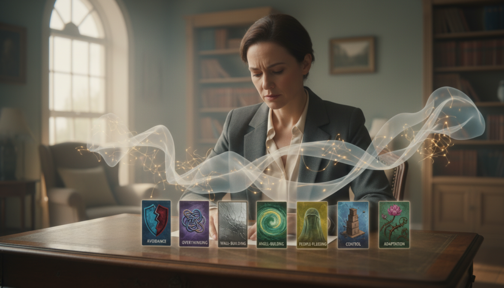 A serene and introspective scene illustrating the concept of emotional patterns and defense mechanisms. In the foreground, depict a thoughtful individual dressed in modest, professional attire, gazing thoughtfully at a series of abstract cards laid out on a wooden table, each representing different emotional states and behaviors. In the middle, incorporate soft, flowing elements like wisps of fabric or light patterns that symbolize the complexity of emotions. The background should feature a blurred, tranquil environment, perhaps with muted colors of a cozy office or study space bathed in warm, natural lighting. The overall mood should convey a sense of reflection and insights into personality layers, with a focus on clarity and calmness, inviting the viewer to contemplate emotional intricacies. A serene and introspective scene illustrating the concept of emotional patterns and defense mechanisms. In the foreground, depict a thoughtful individual dressed in modest, professional attire, gazing thoughtfully at a series of abstract cards laid out on a wooden table, each representing different emotional states and behaviors. In the middle, incorporate soft, flowing elements like wisps of fabric or light patterns that symbolize the complexity of emotions. The background should feature a blurred, tranquil environment, perhaps with muted colors of a cozy office or study space bathed in warm, natural lighting. The overall mood should convey a sense of reflection and insights into personality layers, with a focus on clarity and calmness, inviting the viewer to contemplate emotional intricacies.