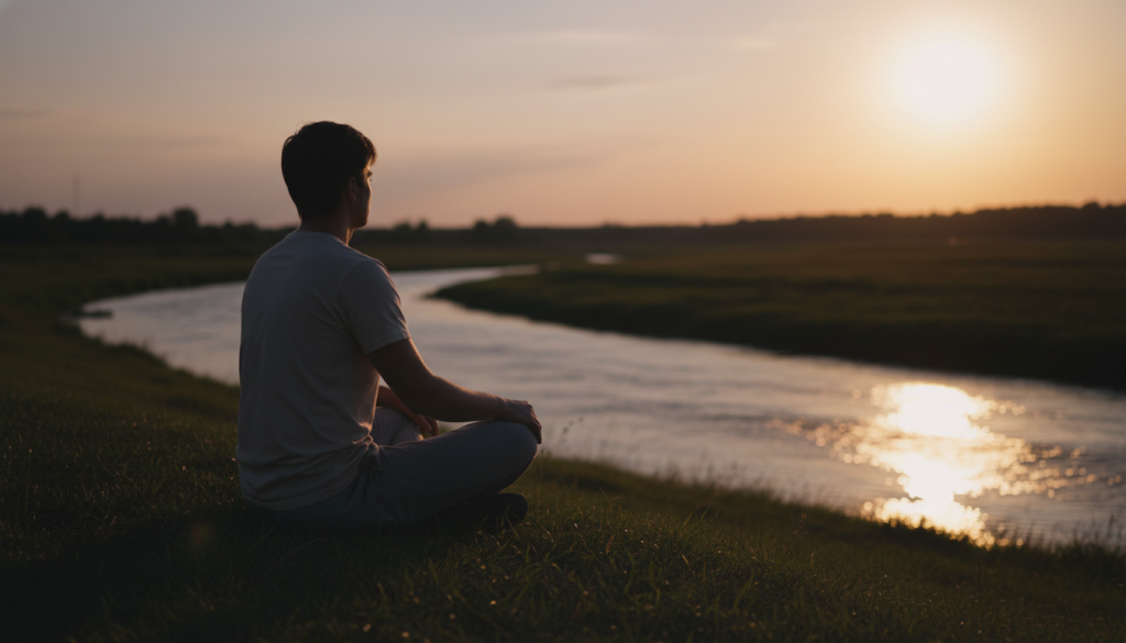 A serene and introspective scene illustrating the impact of emotional trauma on personal development. In the foreground, a silhouette of a person sitting cross-legged on a grassy hill, dressed in modest casual clothing, their hands resting on their knees, radiating calmness. The middle layer features a gentle stream flowing, symbolizing healing, with soft, shimmering water reflecting the light. In the background, a vibrant sunset paints the sky in hues of orange and purple, embodying transformation and hope. Warm, soft lighting bathes the entire scene, creating a tranquil atmosphere. The viewpoint is slightly elevated, evoking a sense of reflection and contemplation, inviting the viewer to connect with their own journey of healing.