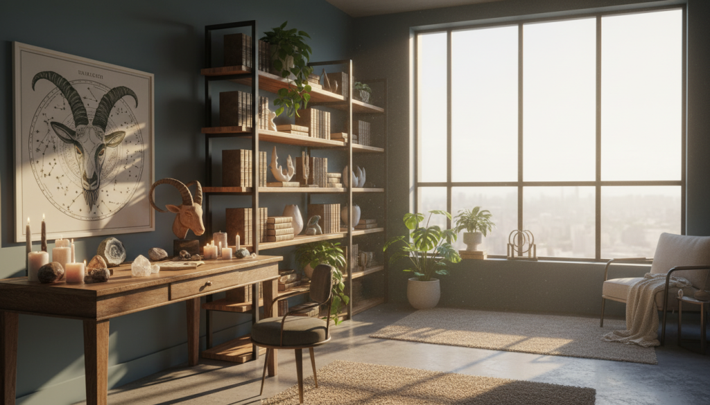 A serene and inviting Capricorn-themed interior space, designed to embody structure within creative chaos. In the foreground, a beautifully arranged desk with candles, crystals, and a stylized Capricorn symbol in earthy tones. The middle layer features shelves lined with astrology books, plants, and artistic sculptures, representing creativity. The background reveals a large window allowing warm, natural sunlight to flood the room, casting soft shadows and creating a cozy ambiance. A subtle blend of rustic wooden textures and modern decor enhances the harmonious atmosphere. Ideal lighting is warm and soft, highlighting the intricate details. The overall mood is tranquil yet inspiring, blending cosmic elements with homely comfort in a professional manner.