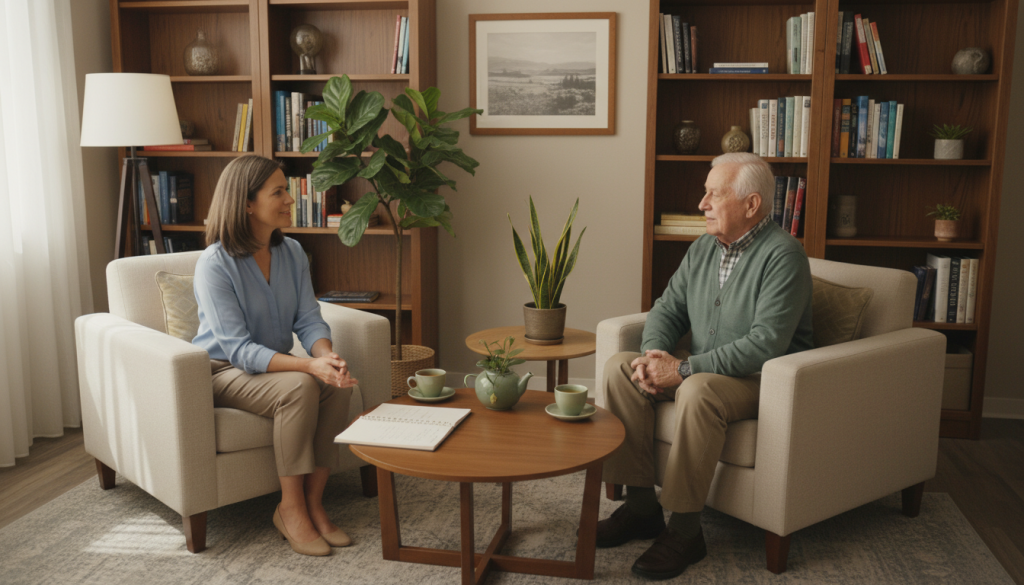 A serene and inviting counseling room designed for older adults, featuring warm, soft lighting to create a comforting atmosphere. In the foreground, a compassionate therapist, a middle-aged woman in professional attire, sits across from a thoughtful elderly man dressed in modest casual clothing. They are engaged in a heartfelt conversation, conveying empathy and understanding. In the middle ground, there are cozy armchairs, a coffee table with a notepad and a cup of tea, and potted plants that add life to the space. The background shows shelves filled with books on emotional well-being and personal growth, subtly hinting at the theme of personalized advisory services. The mood is supportive and encouraging, emphasizing the importance of emotional guidance in navigating difficult life stages. The image is shot from a slightly elevated angle, giving a sense of openness and connection.