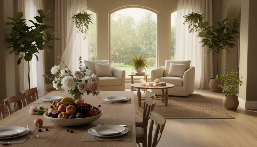 A serene and inviting home interior that embodies the flow of abundance. In the foreground, a beautifully arranged dining table is adorned with fresh flowers and a bowl of ripe fruits, symbolizing prosperity. The middle ground features a cozy living area with soft, earthy colors, plush cushions, and gently flickering candles, creating a warm atmosphere. In the background, large windows allow natural sunlight to stream in, illuminating the space with a golden glow. The decor includes thoughtful touches like potted plants and fabrics that reflect tranquility. The overall mood is peaceful and harmonious, promoting a sense of well-being and balance, designed to inspire feelings of abundance and prosperity. The scene captures an essence of gratitude and abundance flowing effortlessly throughout the home.