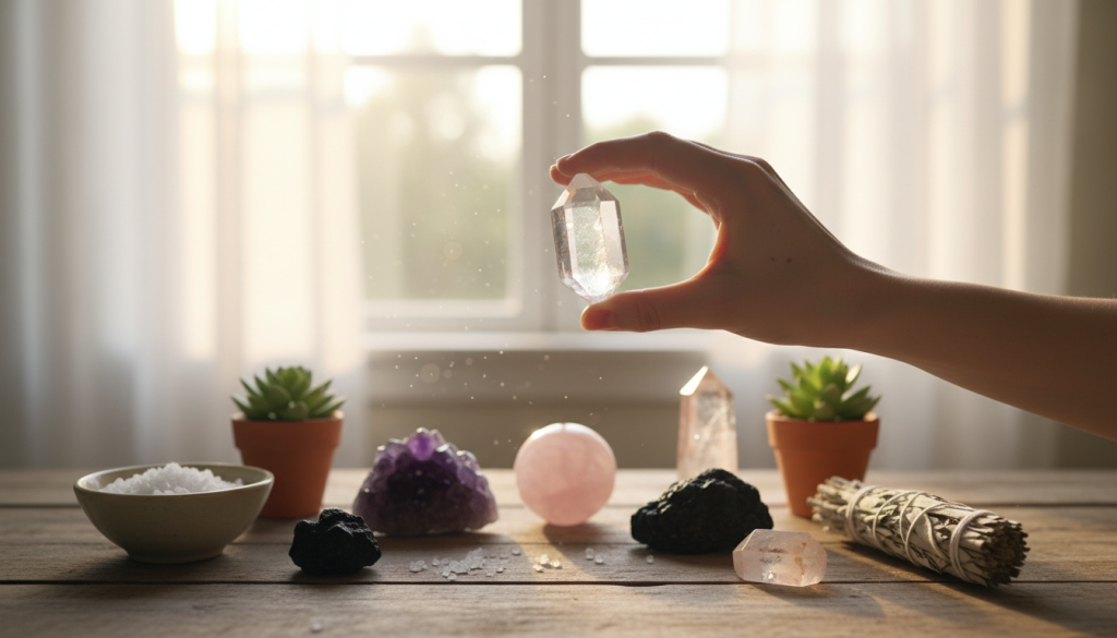 A serene and inviting indoor setting focused on crystal cleaning and programming. In the foreground, a delicate hand gently holds a shimmering quartz crystal, reflecting soft light. The middle ground features a wooden table adorned with various polished crystals, each exhibiting unique colors and textures. Surrounding the crystals are natural elements like small potted plants and a bowl of salt, suggesting a clean and sacred space. In the background, a softly lit window filters in warm sunlight, creating an ethereal and peaceful atmosphere. The overall mood is calm, introspective, and spiritual, evoking a sense of harmony and connection to the earth. The image is shot with a shallow depth of field, emphasizing the crystals while softly blurring the background for a dreamy effect.