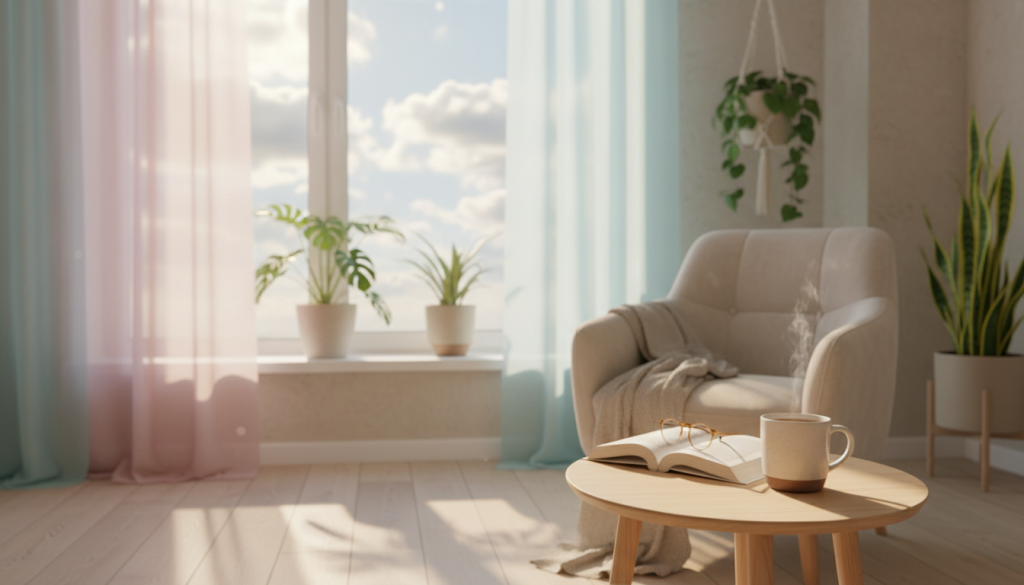 A serene and inviting personal space, featuring a cozy nook with a plush armchair and a small side table. In the foreground, a steaming cup of tea rests on the table, hinting at a moment of relaxation. In the middle background, a large window reveals a sunlit view of soft clouds above, symbolizing freedom and tranquility. Gentle pastel colors evoke a calming atmosphere, and dappled sunlight filters through sheer curtains, casting delicate shadows. Potted plants add a touch of nature, suggesting growth and independence. The scene conveys a mood of comfort, inviting reflection and personal space, perfect for someone who values their freedom. The composition should be framed using a soft focus lens, enhancing the warmth and peacefulness of this intimate setting.