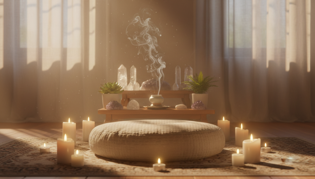A serene and inviting sacred space designed for introspection, set in a softly lit room with warm tones. In the foreground, a plush meditation cushion surrounded by flickering candles, creating a tranquil atmosphere. In the middle background, a small altar adorned with crystals, incense, and potted plants, accentuating a connection with nature. The background features sheer curtains allowing gentle sunlight to filter in, casting soft shadows. Ethereal light rays enhance the mystical ambiance. The overall mood is calm, peaceful, and conducive to meditation and reflection, evoking a sense of spiritual harmony and energy recharge. The scene should exclude any human presence to maintain focus on the sacred setting.