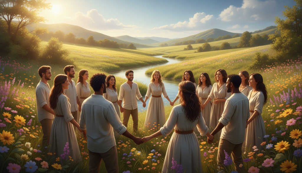 A serene and inviting scene capturing "positive energy." In the foreground, a diverse group of individuals in modest casual clothing is engaged in a joyful circle, radiating warmth and unity. They are surrounded by vibrant greenery, colorful flowers, and harmonious light. In the middle ground, a gentle stream flows effortlessly, reflecting the sunlight and contributing to the overall atmosphere of tranquility. The background features soft, rolling hills under a bright blue sky with fluffy white clouds, symbolizing openness and abundance. The lighting is warm and golden, evoking a sense of optimism and positivity. The overall mood is peaceful, uplifting, and brimming with joyful energy, inviting the viewer to feel the flow of positive vibrations.