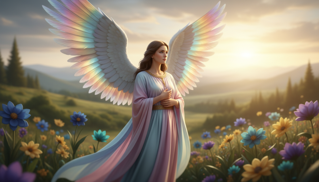 A serene and majestic angel named Zuriel, with ethereal wings shimmering in iridescent colors, stands gracefully in the foreground, gazing thoughtfully into the distance. The angel wears a flowing, luminous robe that reflects soft pastel hues of light, symbolizing purity and wisdom. In the middle ground, a tranquil landscape unfolds with gentle hills and a vibrant, blooming garden filled with symbolic flowers representing transformation and spiritual growth. The background showcases a radiant sky transitioning from dawn to daylight, filled with soft clouds, casting a warm golden light that envelops the scene in a calming ambiance. The overall mood is peaceful and uplifting, emphasizing the theme of spiritual guidance and evolution. Use a soft focus lens to enhance the dreamlike quality, capturing the essence of divine intervention in personal growth.