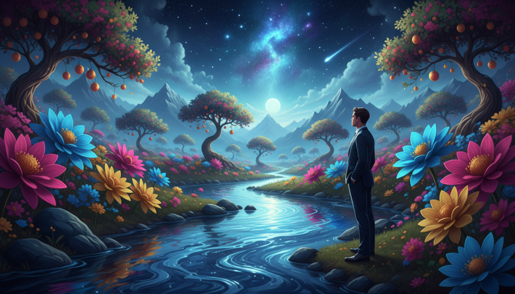 A serene and mystical dreamscape representing the theme of "sueños" (dreams) in a rich, vibrant palette. In the foreground, a gently flowing river of shimmering blue and silver, reflecting ethereal light. The middle ground features a lush, fantastical landscape of colorful, oversized flowers and whimsical trees with softly glowing fruits. A silhouette of a person in professional attire stands pensively by the river, gazing into the distance. In the background, enchanting mountains rise under a night sky filled with swirling constellations, creating a sense of wonder and introspection. Use soft, ambient lighting to enhance the dreamlike atmosphere, with a wide-angle perspective to capture the depth and tranquility of the scene. The overall mood is peaceful and contemplative, inviting viewers to explore the depths of their subconscious.