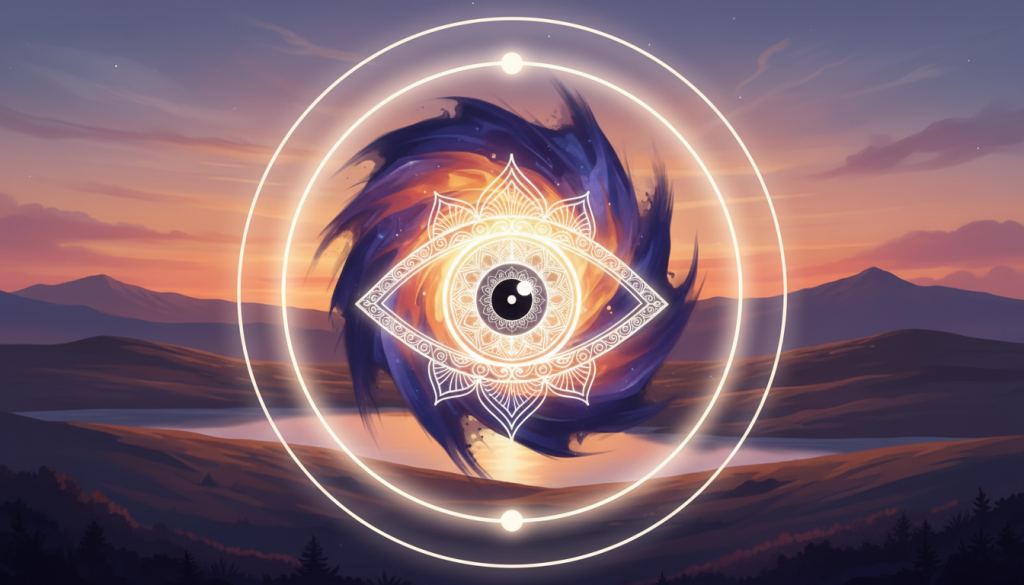 A serene and mystical representation of the "tercer ojo" (third eye) symbol, illustrating its connection to intuition and mental clarity. In the foreground, a beautifully detailed stylized third eye surrounded by soft, glowing light radiates outward. The middle layer features an abstract fusion of vibrant chakra colors—indigo, violet, and gold—blending harmoniously. In the background, a tranquil landscape with a gentle sunset casts warm, inviting hues while maintaining a sense of calm. The lighting should be soft and ethereal, suggestive of enlightenment, using a wide-angle lens to create depth. The overall mood is peaceful and introspective, encouraging a sense of balance and well-being, perfect for illustrating concepts of energy and intuition in personal wellness.