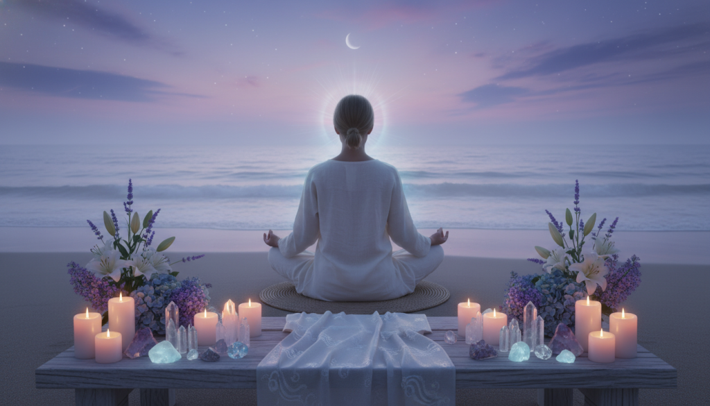 A serene and mystical setting that embodies the emotional renewal ritual for Pisces. In the foreground, a beautifully arranged altar with soft white candles, delicate crystals, and fresh flowers, radiating calm energy. In the middle ground, a person in modest casual clothing, eyes closed, meditating peacefully with their hands gently resting on their knees, surrounded by a subtle glow. In the background, a tranquil ocean scene under a twilight sky, with soft waves gently lapping at the shore, reflecting shades of purple and blue. Ethereal mist floats above the water, enhancing the mystical atmosphere. The lighting is soft and ambient, creating a nurturing and peaceful mood, perfect for introspection and emotional healing. The composition is framed in a 16:9 aspect ratio, focusing on harmony and serenity.