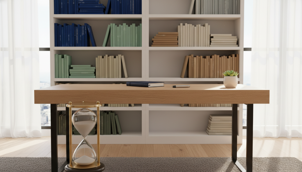 A serene and orderly workspace depicting the theme of stability and order, featuring a neatly arranged desk with a closed notebook, a stylish pen, and a potted plant for a touch of nature. In the foreground, an elegant hourglass symbolizes the passage of time and the importance of patience in establishing order. The middle ground includes a soft, well-organized shelf filled with books sorted by color and size, conveying knowledge and structure. The background showcases a large window with sheer curtains, allowing warm, natural light to flood the room, casting gentle shadows. The overall mood is calm and reflective, evoking a sense of tranquility and balance, with a focus on clean lines and minimal clutter to emphasize harmony and stability.