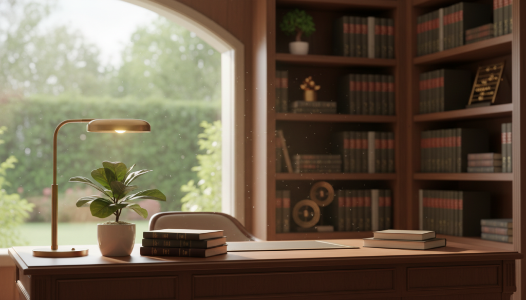 A serene and organized home office space, focusing on the theme of order influencing prosperity. In the foreground, a polished wooden desk is adorned with neatly arranged financial journals, a decorative plant, and a stylish lamp casting warm light. The middle ground features an open window showcasing some greenery outside, creating an inviting atmosphere. The background includes an artfully placed bookshelf filled with neatly organized books and decorative items that symbolize abundance. Soft, natural sunlight streams through the window, creating a calm and uplifting mood. The entire scene is captured with a slight depth of field to emphasize the desk's details, reflecting a harmonious balance that fosters financial well-being, perfect for cultivating the ideal environment for prosperity.