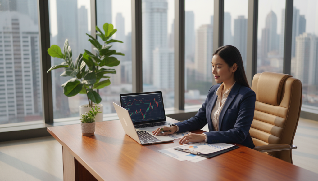 A serene and prosperous office space representing "material security." In the foreground, a wooden desk with financial documents, a potted green plant, and a laptop; the items suggest stability and growth. The middle ground features a well-dressed individual in professional attire, confidently reviewing a financial chart on the laptop. In the background, large windows reveal a bright city skyline, symbolizing opportunity and success under soft, natural daylight. The lighting is warm, creating an inviting atmosphere that emphasizes a sense of security and calm. The angle should be slightly elevated to capture both the desk and the city view, suggesting a connection between personal achievement and broader financial landscapes.
