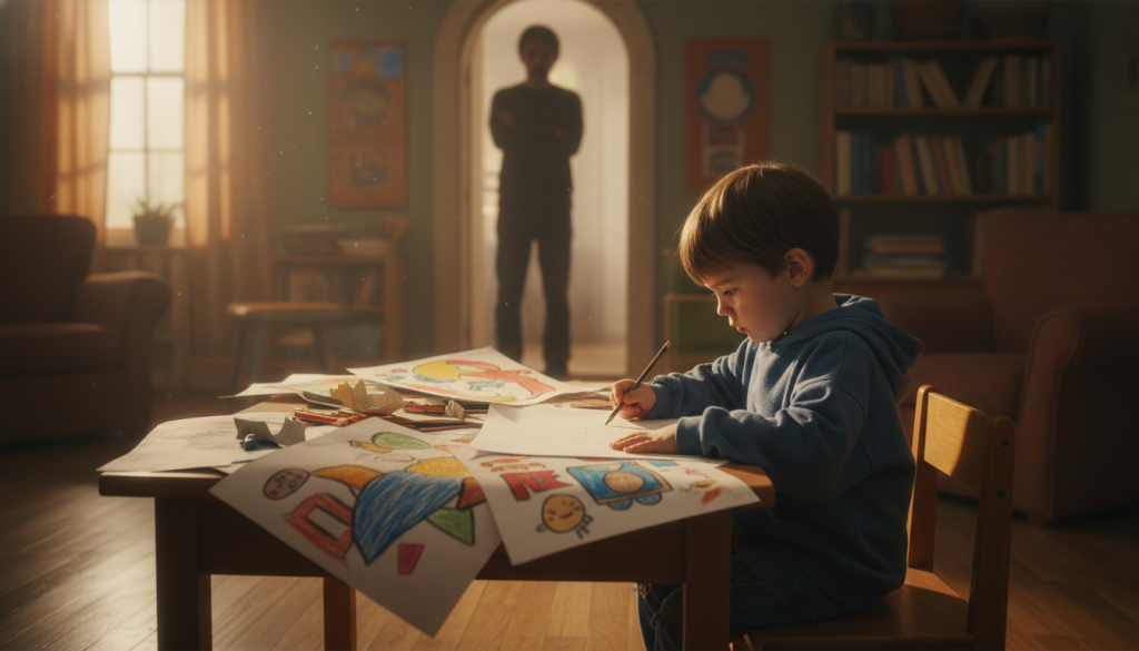 A serene and reflective scene depicting a young child in the foreground, sitting at a small desk cluttered with sketches and colorful posters striving for perfection. The child is dressed in modest casual clothing, with a thoughtful expression on their face, grappling with the pressure to succeed. In the middle ground, a faint outline of a parental figure can be seen in the background, looking over them with a watchful, concerned gaze, embodying the notion of unyielding expectations. The background features a softly lit room with warm, inviting colors, creating a contrast between the child's creativity and the looming sense of pressure. The lighting is gentle and natural, suggesting early morning, with soft shadows enhancing the mood of contemplation and anxiety. A serene and reflective scene depicting a young child in the foreground, sitting at a small desk cluttered with sketches and colorful posters striving for perfection. The child is dressed in modest casual clothing, with a thoughtful expression on their face, grappling with the pressure to succeed. In the middle ground, a faint outline of a parental figure can be seen in the background, looking over them with a watchful, concerned gaze, embodying the notion of unyielding expectations. The background features a softly lit room with warm, inviting colors, creating a contrast between the child's creativity and the looming sense of pressure. The lighting is gentle and natural, suggesting early morning, with soft shadows enhancing the mood of contemplation and anxiety.