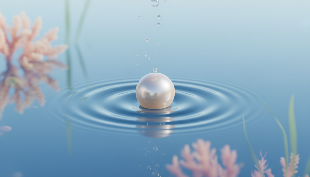 A serene and soothing composition featuring a pearl nestled in the center of a tranquil, soft blue water surface, symbolizing emotional balance. The foreground showcases the lustrous pearl with intricate details reflecting light, surrounded by gentle ripples that evoke a sense of calm. In the middle ground, ethereal bubbles rise softly, enhancing the dreamlike quality. The background fades into a gradient of light and darker shades of blue, mimicking a peaceful underwater scene with subtle hints of soft coral and aquatic plants, bathed in soft, diffused lighting reminiscent of early morning. The overall atmosphere is one of serenity and emotional equilibrium, inviting introspection and tranquility. Lens focus is sharp on the pearl, creating a contrast with the blurred background for depth.