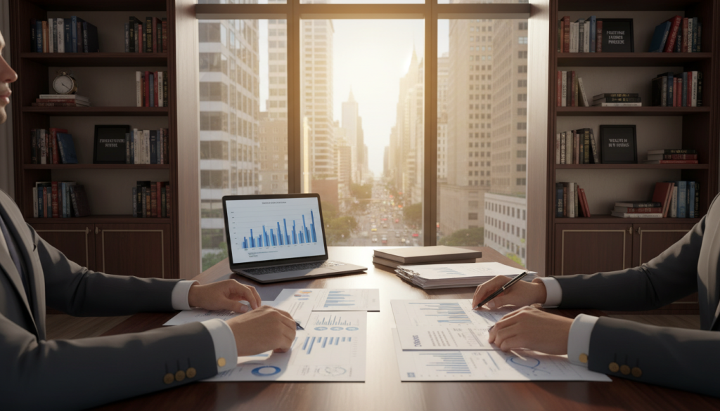 A serene and sophisticated office environment, showcasing a polished wooden desk cluttered with financial documents, graphs, and a laptop displaying analytics. In the foreground, a pair of hands in elegant business attire meticulously organizes spreadsheets, symbolizing precision in finance. In the middle plane, a large window bathed in warm, natural light filters in, revealing a bustling cityscape that hints at economic potential. The background features a sleek bookshelf filled with financial literature and inspiring quotes on wealth and precision. The atmosphere is focused and professional, evoking a sense of calm determination, with soft shadows and highlights enhancing the mood of clarity and accuracy in financial pursuits. The lens captures this scene with a slight upward angle, emphasizing the importance of precision in personal finance.