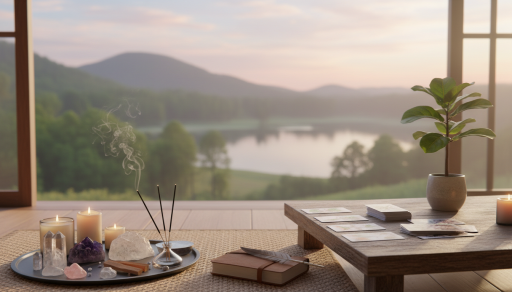 A serene and tranquil scene depicting various tools for self-discovery and connection to one's essence. In the foreground, a beautifully arranged meditation space with crystals, incense sticks, and a journal, softly illuminated by warm, golden candlelight. The middle ground features a wooden table adorned with tarot cards and a small plant, symbolizing growth and nurturing. In the background, a calming view of nature, with gentle trees and a soft, pastel sky reflecting the dawn light, creating a peaceful atmosphere. The whole composition evokes a sense of introspection and spiritual awakening, bathed in soft, natural light, capturing a moment of quiet reflection in a nurturing environment.