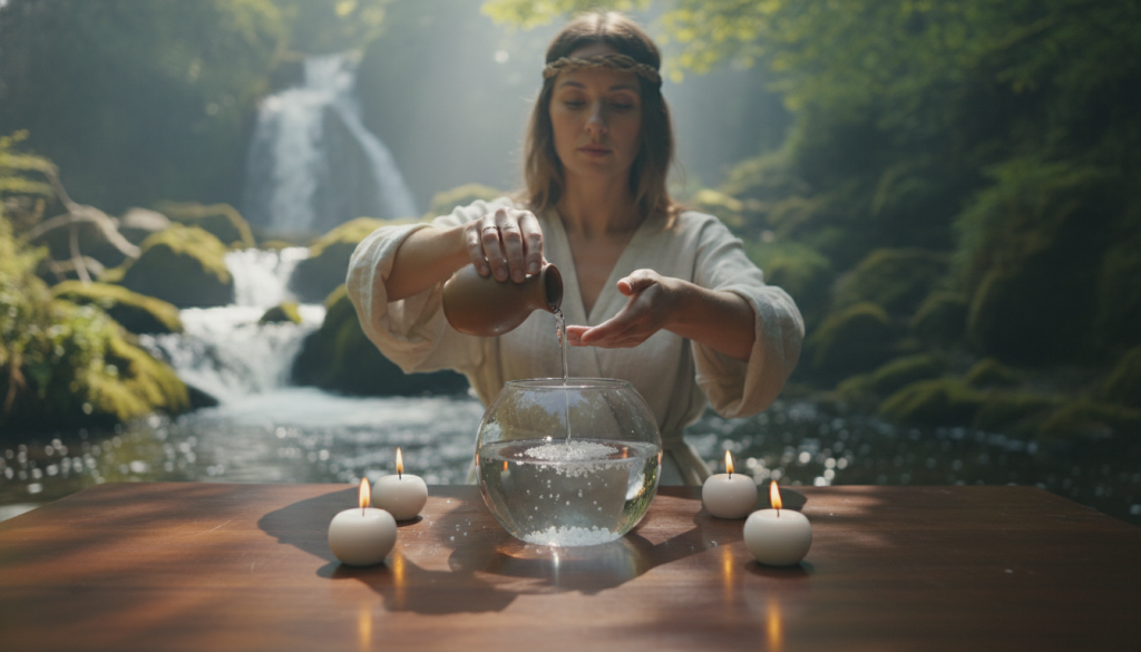A serene and tranquil scene depicting water purification rituals, showcasing a polished wooden table at the foreground with a clear glass bowl filled with sparkling water and sea salt. Surrounding the bowl, gentle candles flicker with warm light, casting soft shadows. In the middle, a person dressed in comfortable, modest traditional attire performs the purification ritual, gracefully pouring water over their hands, symbolizing renewal. The background features a soft-focus nature scene with flowing water and lush greenery, enhancing a peaceful atmosphere. Bright, natural lighting floods the scene, creating a sense of calm and spirituality, inviting viewers into a sacred space of cleansing and rejuvenation. A serene and tranquil scene depicting water purification rituals, showcasing a polished wooden table at the foreground with a clear glass bowl filled with sparkling water and sea salt. Surrounding the bowl, gentle candles flicker with warm light, casting soft shadows. In the middle, a person dressed in comfortable, modest traditional attire performs the purification ritual, gracefully pouring water over their hands, symbolizing renewal. The background features a soft-focus nature scene with flowing water and lush greenery, enhancing a peaceful atmosphere. Bright, natural lighting floods the scene, creating a sense of calm and spirituality, inviting viewers into a sacred space of cleansing and rejuvenation.