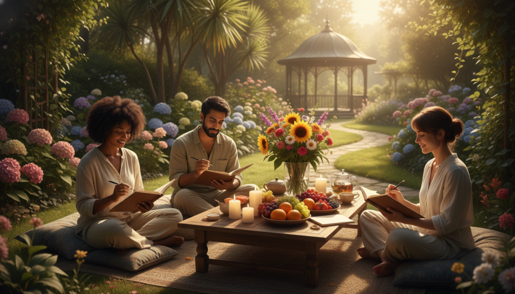 A serene and uplifting scene depicting the concept of "daily gratitude" in a tranquil environment. In the foreground, a diverse group of three people (two women and one man) are seated in a peaceful outdoor setting, each holding a small journal and pen, reflecting thoughtfully. The middle ground features a wooden table adorned with fresh flowers, candles, and fruits, creating an atmosphere of abundance. The background showcases a sun-drenched garden filled with vibrant greenery and blooming flowers, enhancing the sense of peace and appreciation. Soft, warm lighting bathes the scene, reminiscent of golden hour, casting gentle shadows. The overall mood is calm and inspiring, inviting viewers to connect with the essence of daily gratitude and abundance.