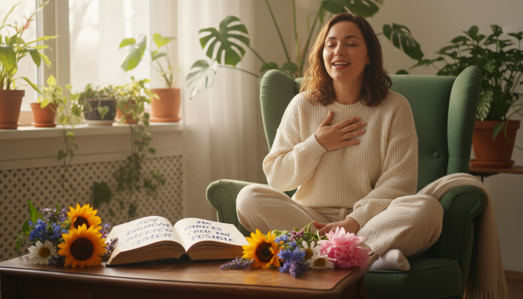 A serene and uplifting scene depicting the essence of "palabras de afirmación." In the foreground, an open book rests on a wooden table, pages softly fluttering, showcasing beautifully handwritten affirmations in elegant calligraphy. Surrounding the book, vibrant flowers bloom in various shades, symbolizing growth and positivity. In the middle ground, a person sits comfortably on a cozy chair, dressed in smart casual attire, exuding an air of calmness as they read aloud from the book, their face glowing with joy and contentment. The background features a softly lit, sun-drenched room with warm, inviting colors and lush green plants, enhancing the overall atmosphere of encouragement and love. The lighting is soft and diffused, casting gentle shadows, evoking a feeling of peace and tranquility perfect for nurturing affirmational love.