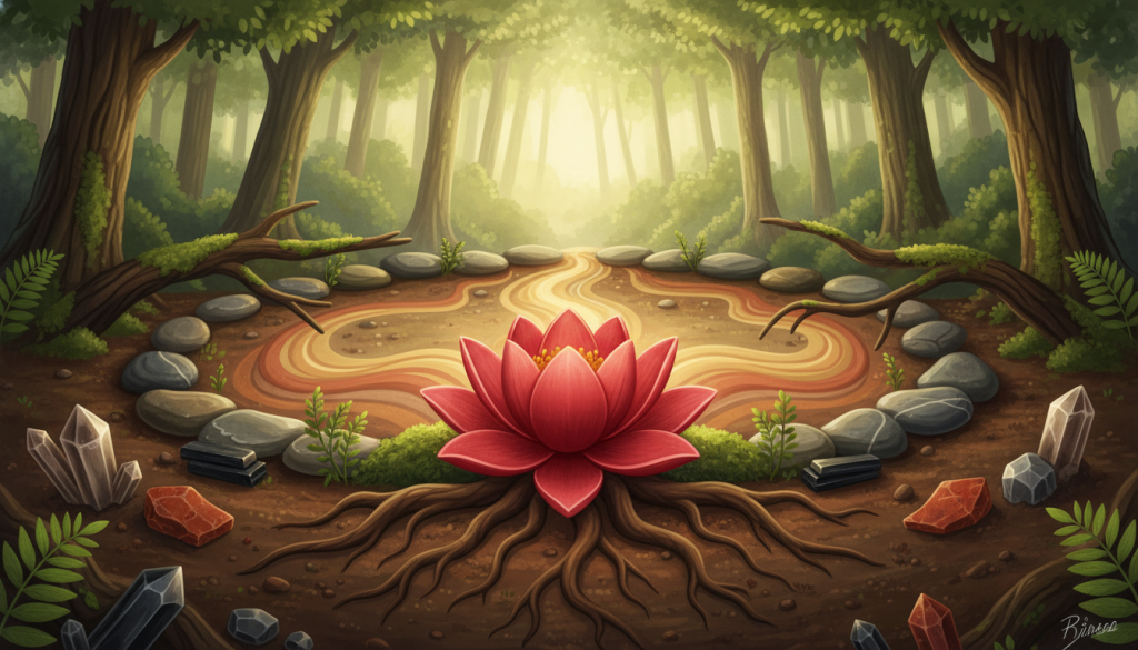A serene and vibrant illustration focusing on the root chakra, symbolized by a vivid red lotus flower with four petals, nestled on a bed of rich, earthy soil. In the foreground, the roots stretch downward, intertwining with crystals representing stability and grounding energy. The middle layer features flowing, gentle streams of energy in warm earth tones, emanating from the lotus and connecting to the surrounding natural elements. In the background, a softly illuminated forest setting creates a tranquil atmosphere, with dappled sunlight filtering through lush green leaves. The overall mood conveys a sense of harmony and balance, inviting the viewer to feel a deep connection with the earth and their inner strength. The lighting should be warm, enhancing the rich colors and textures.