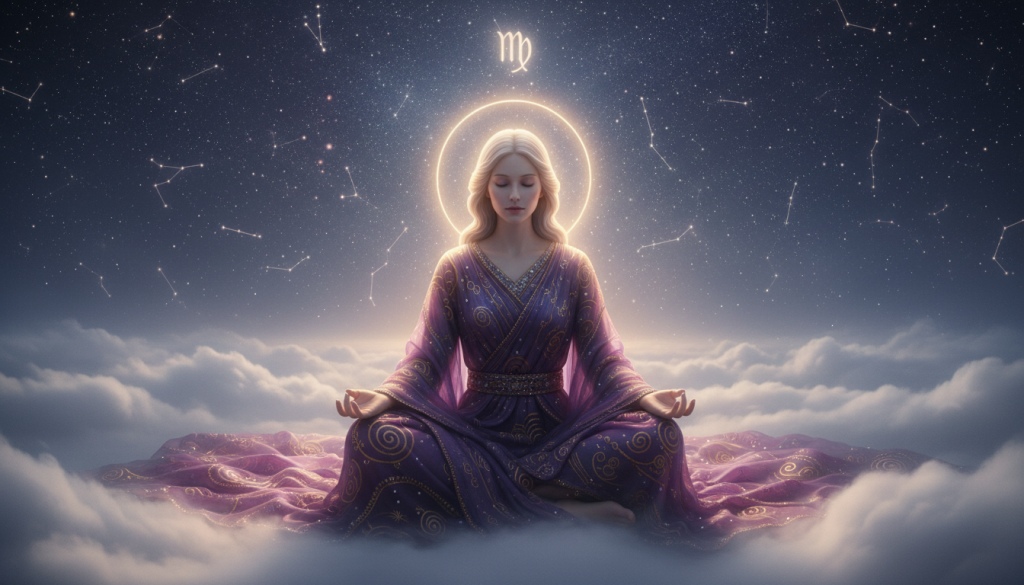 A serene angelic figure representing the Archangel associated with Virgo, seated in a peaceful meditation pose. The foreground features soft, luminous light illuminating the angel's soft features, a peaceful expression, and flowing robes adorned with celestial patterns in hues of purple and gold. In the middle ground, gentle, ethereal clouds swirl softly, adding depth and dimension to the scene. The background showcases a tranquil starlit sky, dotted with twinkling stars, creating a sense of cosmic connection. A soft glow emanates around the angel, enhancing the atmosphere of tranquility and guidance. The overall mood is peaceful, inviting reflection and spiritual connection, captured with a wide-angle lens to encompass the whole scene. A serene angelic figure representing the Archangel associated with Virgo, seated in a peaceful meditation pose. The foreground features soft, luminous light illuminating the angel's soft features, a peaceful expression, and flowing robes adorned with celestial patterns in hues of purple and gold. In the middle ground, gentle, ethereal clouds swirl softly, adding depth and dimension to the scene. The background showcases a tranquil starlit sky, dotted with twinkling stars, creating a sense of cosmic connection. A soft glow emanates around the angel, enhancing the atmosphere of tranquility and guidance. The overall mood is peaceful, inviting reflection and spiritual connection, captured with a wide-angle lens to encompass the whole scene.