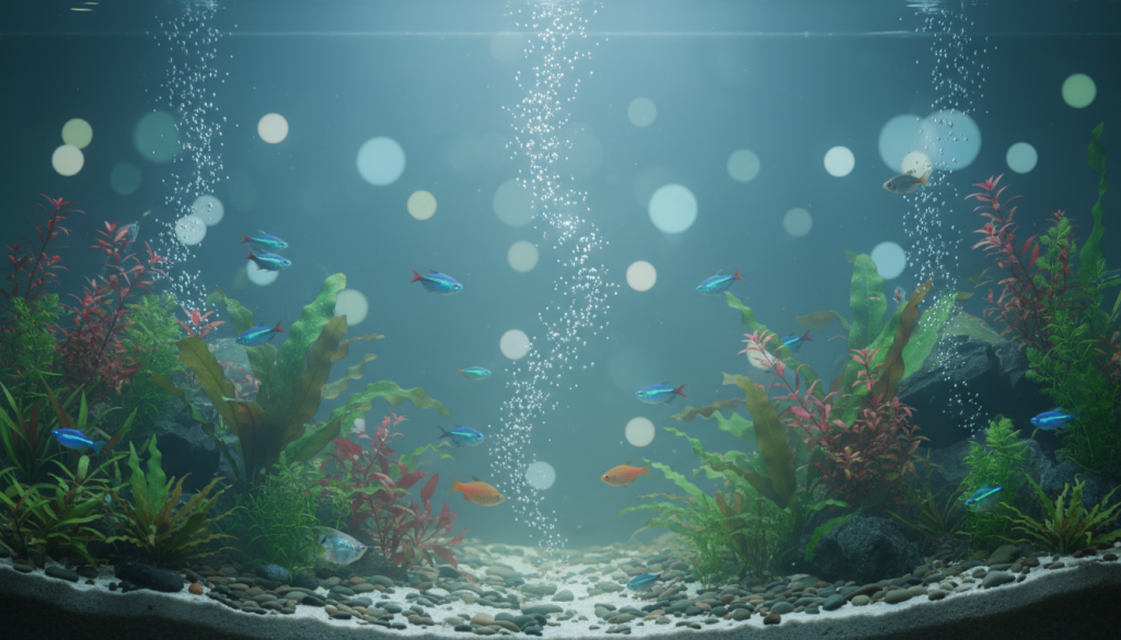 A serene aquarium scene bathed in soft, ethereal light, capturing the tranquil essence of spiritual harmony. In the foreground, vibrant fish swim gracefully among lush aquatic plants, their colors flashing like gemstones against the shimmering water. The middle ground features delicate bubbles rising toward the surface, symbolizing the flow of energy, while shadows dance playfully on the gravel below. In the background, softly glowing orbs of light mimic celestial bodies, enhancing the celestial theme. The atmosphere is calm and meditative, radiating a sense of peace and connection to the surrounding world. The overall color palette is soothing, featuring shades of blues, greens, and gentle whites, creating an inviting and spiritual ambiance. Shot with a wide-angle lens to capture the full depth of this tranquil underwater sanctuary. A serene aquarium scene bathed in soft, ethereal light, capturing the tranquil essence of spiritual harmony. In the foreground, vibrant fish swim gracefully among lush aquatic plants, their colors flashing like gemstones against the shimmering water. The middle ground features delicate bubbles rising toward the surface, symbolizing the flow of energy, while shadows dance playfully on the gravel below. In the background, softly glowing orbs of light mimic celestial bodies, enhancing the celestial theme. The atmosphere is calm and meditative, radiating a sense of peace and connection to the surrounding world. The overall color palette is soothing, featuring shades of blues, greens, and gentle whites, creating an inviting and spiritual ambiance. Shot with a wide-angle lens to capture the full depth of this tranquil underwater sanctuary.