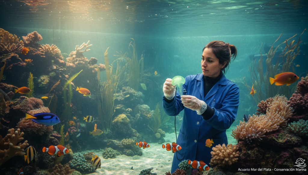 A serene aquarium setting in Mar del Plata, showcasing a well-maintained aquatic habitat. In the foreground, a vibrant coral reef teems with colorful fish and marine life, symbolizing care and preservation. In the middle ground, a dedicated marine biologist in a professional outfit gently examines a specimen, wearing protective gloves and a focused, compassionate expression. The background features an expansive water tank with clear, well-circulated water and engaging displays of aquatic plants. Soft natural lighting filters through, creating a calm, inviting atmosphere that emphasizes the importance of marine care and emotional connection to the species. The composition conveys a sense of responsibility and meticulous attention to the environment, highlighting the beauty of conservation efforts.