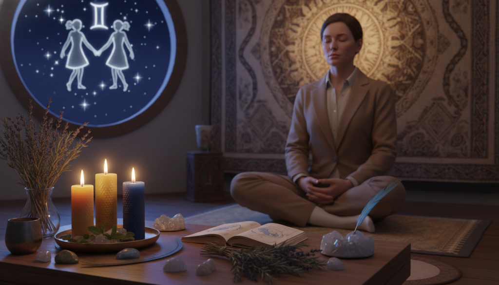 A serene astrological ritual scene dedicated to Gemini. In the foreground, a beautifully arranged altar adorned with dual-colored candles—yellow and blue—symbolizing the Gemini duality, surrounded by aromatic herbs and crystals. In the middle ground, a person in modest, professional attire sits in meditation, eyes closed, exuding calmness and focus. Soft, warm light radiates from the candles, creating a peaceful ambiance. The background features a softly glowing constellation of Gemini stars, twinkling against a deep indigo sky, enhancing the mystical atmosphere. The entire composition conveys harmony, energy, and introspection, inviting viewers to connect with their inner essence.