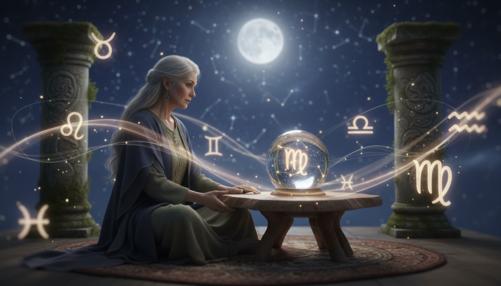 A serene astrology-themed scene depicting a mystical Virgo zodiac symbol intertwined with elements of intuition. In the foreground, a wise figure, dressed in modest clothing, is gazing intently into a crystal ball, reflecting the stars and constellations within. The middle ground features ethereal wisps of light representing intuitive thoughts and insights, swirling around zodiac signs. In the background, a starry night sky filled with glowing constellations sets a tranquil atmosphere, while a full moon casts a soft, silvery light across the scene. The mood is introspective and magical, illustrating the connection between intuition and astrology seamlessly. Employ soft focus to create a dreamlike quality, emphasizing the cosmic elements and the figure's contemplative expression.