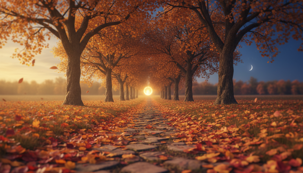 A serene autumn scene depicting the unique impact of the September and October seasons on nature and spirituality. In the foreground, a vibrant display of fallen leaves in shades of orange, red, and gold covers the ground, with a gentle breeze stirring them. In the middle, a tranquil path lined with trees, their branches heavy with colorful foliage, leads toward a softly glowing orb of light symbolizing spiritual energy. In the background, a clear sky transitions from warm daylight to a deeper twilight hue, suggesting the blend of day and night. The mood is reflective and calming, inviting contemplation. Use soft, warm lighting to enhance the peaceful ambiance, with a slightly blurred focus on the background for depth. Camera angle should be eye-level, capturing the essence of this transitional season.
