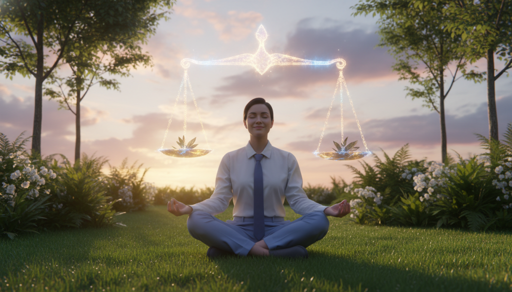 A serene, balanced scene illustrating the essence of "armonía libra." In the foreground, a calm individual in professional business attire sits cross-legged on a soft, grassy patch, meditating with their eyes closed, exuding tranquility. In the middle ground, delicate scales made of ethereal light hover, symbolizing balance and harmony, surrounded by lush greenery. The background features a soft sunset sky with gentle hues of pink and gold, casting a warm glow over the scene. Natural light filters through the leaves, creating dappled shadows on the grass. The overall mood is peaceful and reflective, evoking a sense of inner peace and conflict resolution, embodying Libra's emotional needs and harmonious nature.