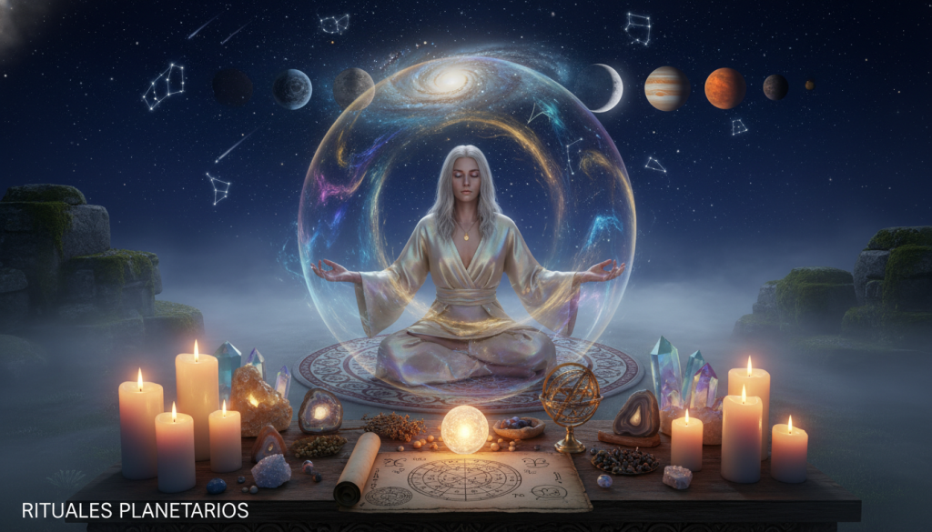 A serene celestial scene depicting "rituales planetarios," set in a mystical environment. In the foreground, an elegant altar adorned with crystals, candles, and astrological symbols, softly glowing in warm candlelight. In the middle ground, an ethereal figure in modest, flowing robes, engaged in a focused meditation, surrounded by swirling cosmic energies. The background features a starry night sky, with planetary alignments, constellations, and shimmering galaxies that evoke a sense of cosmic connection. The lighting is soft and ambient, creating a tranquil atmosphere, while a gentle mist adds depth. Capture this scene from a slightly elevated angle to emphasize the spirituality and harmony of the rituals. A serene celestial scene depicting "rituales planetarios," set in a mystical environment. In the foreground, an elegant altar adorned with crystals, candles, and astrological symbols, softly glowing in warm candlelight. In the middle ground, an ethereal figure in modest, flowing robes, engaged in a focused meditation, surrounded by swirling cosmic energies. The background features a starry night sky, with planetary alignments, constellations, and shimmering galaxies that evoke a sense of cosmic connection. The lighting is soft and ambient, creating a tranquil atmosphere, while a gentle mist adds depth. Capture this scene from a slightly elevated angle to emphasize the spirituality and harmony of the rituals.