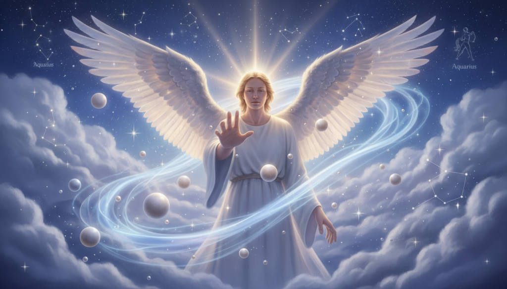 A serene celestial scene depicting the air signs of Aquarius, illustrated by a majestic Arcángel surrounded by ethereal clouds and shimmering stars. In the foreground, the Arcángel, with radiant wings and a peaceful expression, extends a guiding hand toward the viewer, embodying wisdom and protection. The middle ground features flowing streams of air, symbolizing movement and thought, while soft, luminous orbs float gently around, representing inspiration. In the background, a night sky filled with twinkling constellations reflects the essence of the Aquarius sign, enhancing the mystical atmosphere. The lighting is soft and diaphanous, casting an otherworldly glow. The overall mood is tranquil and uplifting, inviting connection to the celestial.